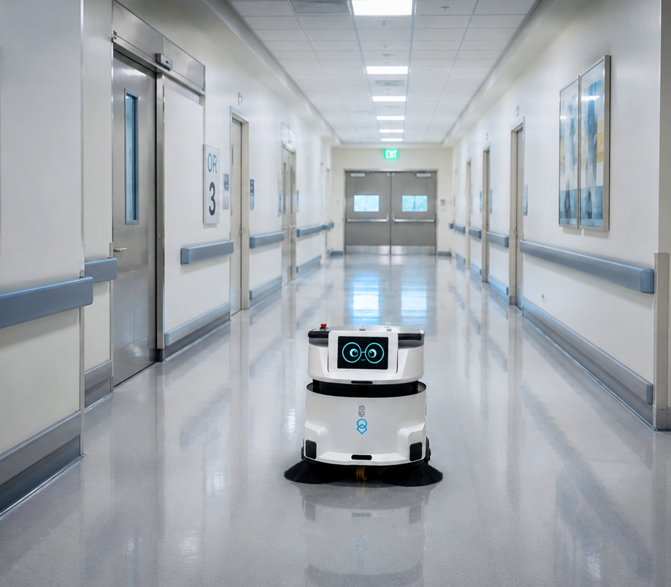 Autonomous cleaning robot in a hospital hallway