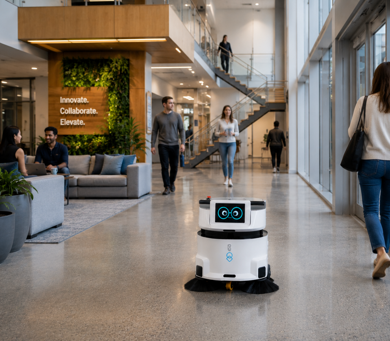 Autonomous floor cleaning robot working an open corridor