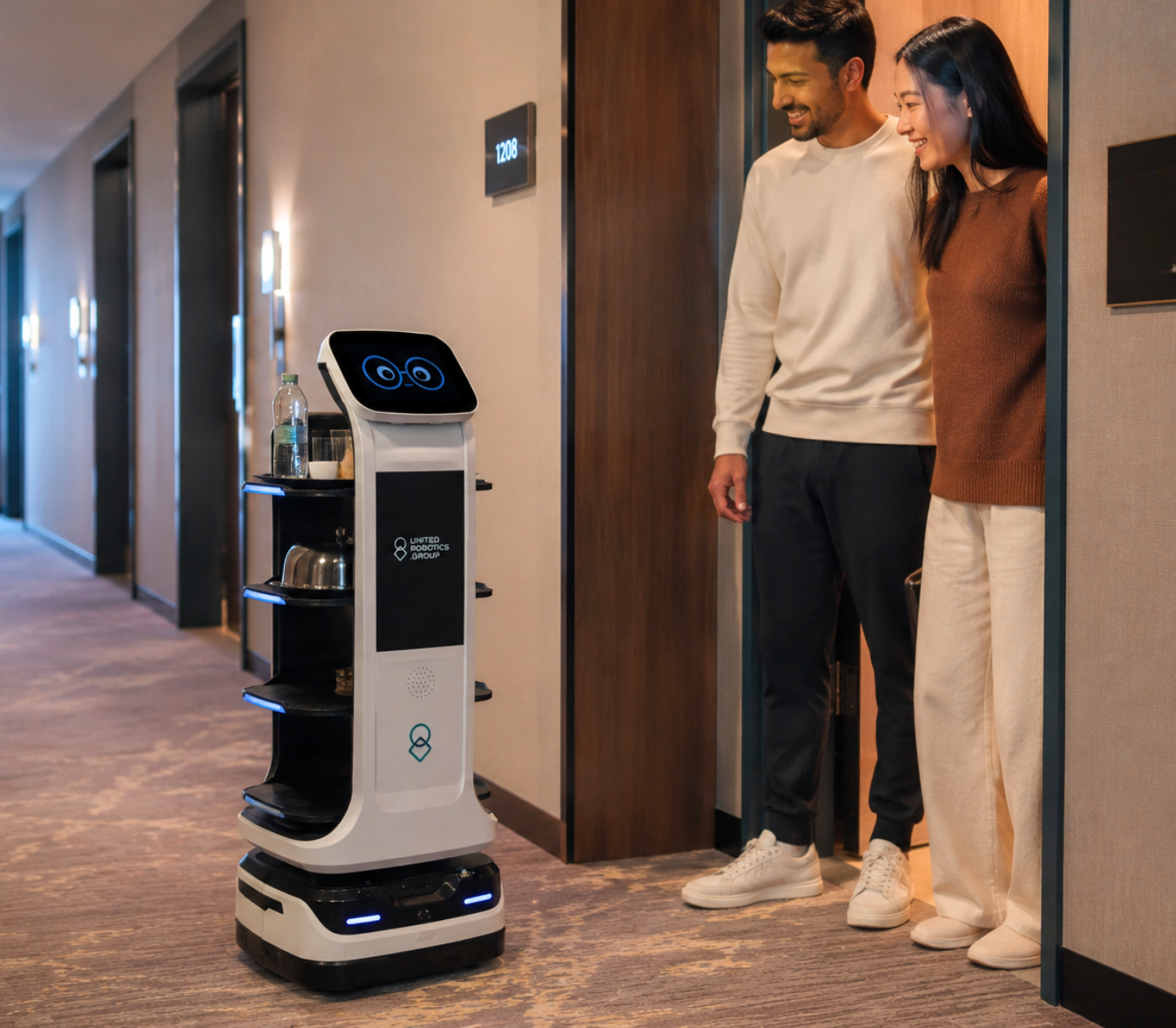 Service robot delivering in a hotel corridor